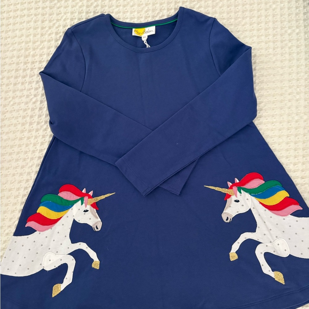 NWT Mini Boden Blue Unicorn Long-Sleeved Dress - Size 8/9